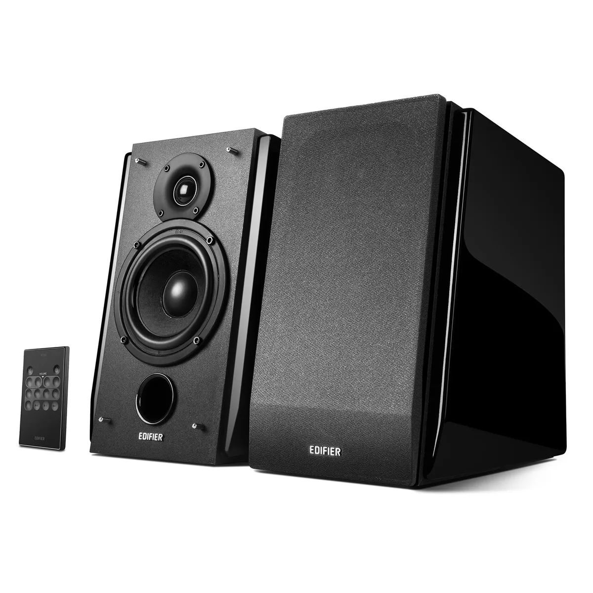 Pair of angled bookshelf speakers, wood-grain finish, 10-degree tilt