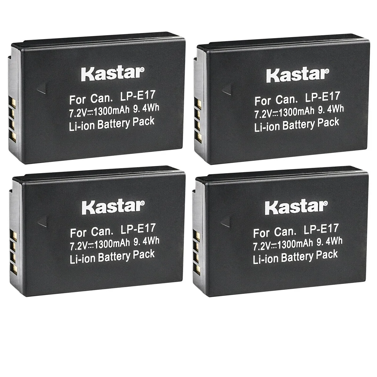 Four rectangular black lithium-ion camera batteries in a pack