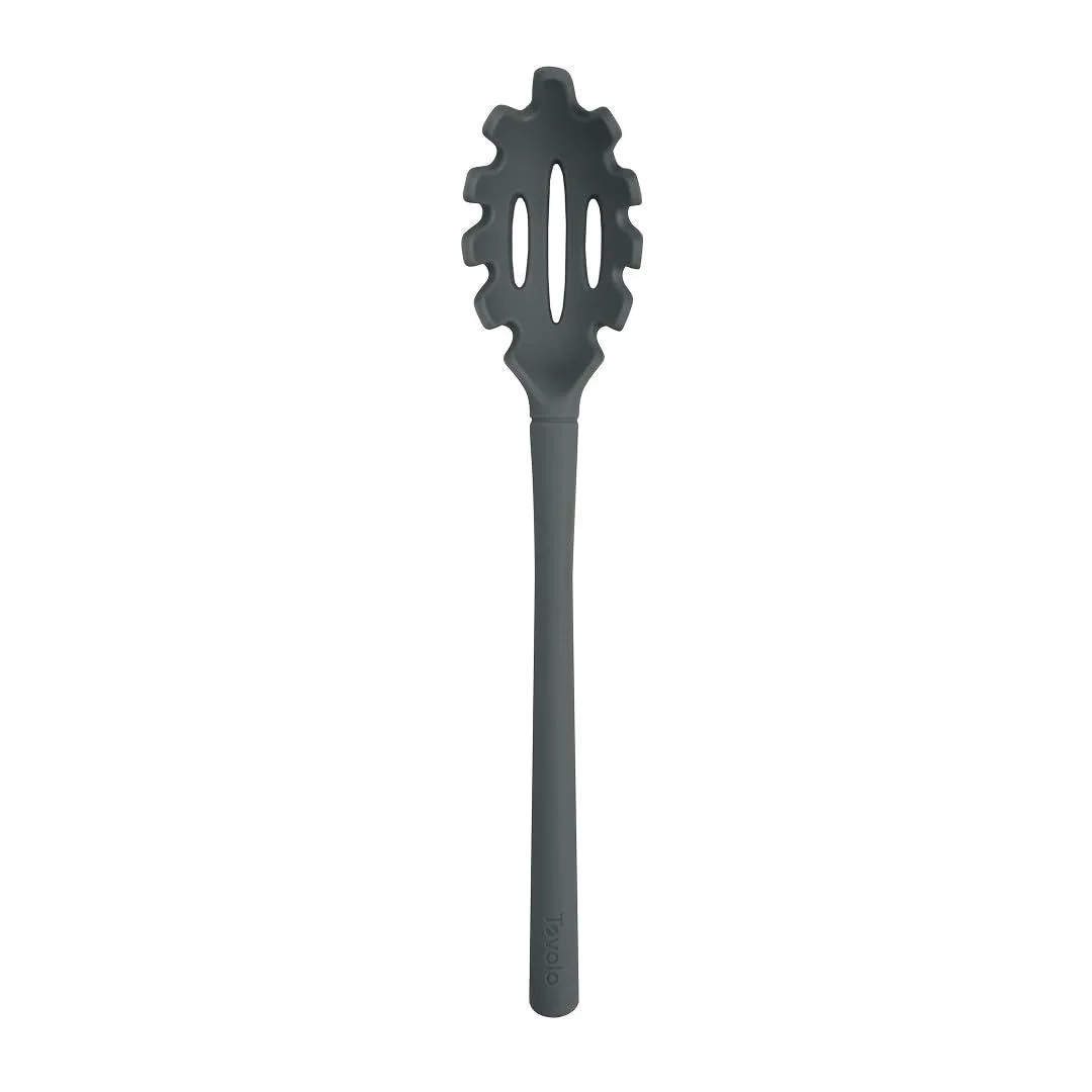 Charcoal gray silicone pasta claw with slotted bowl and teeth, seamless one-piece design