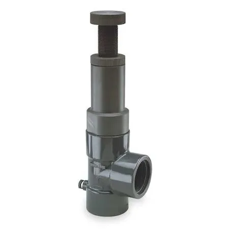 White CPVC relief valve with threaded ends and adjustable spring mechanism