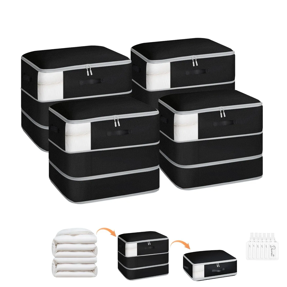 Four black nylon compression bags with clear windows and reinforced handles