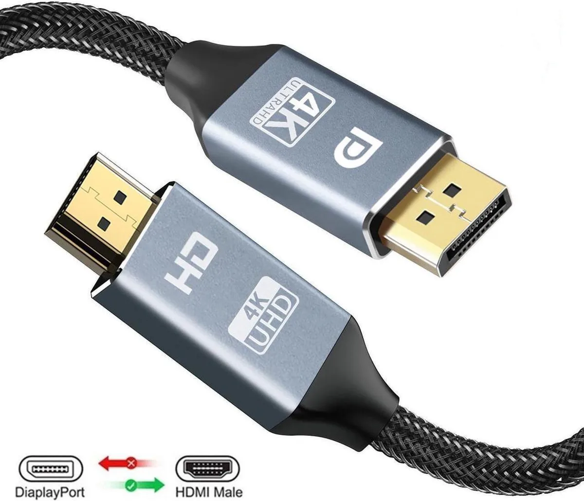 Aomoproing Aomoproing DisplayPort to HDMI Cable 1.8 m 4K 60 Hz Gold-Plated Aluminium Shell Nylon Braided Uni-Directional — product photo