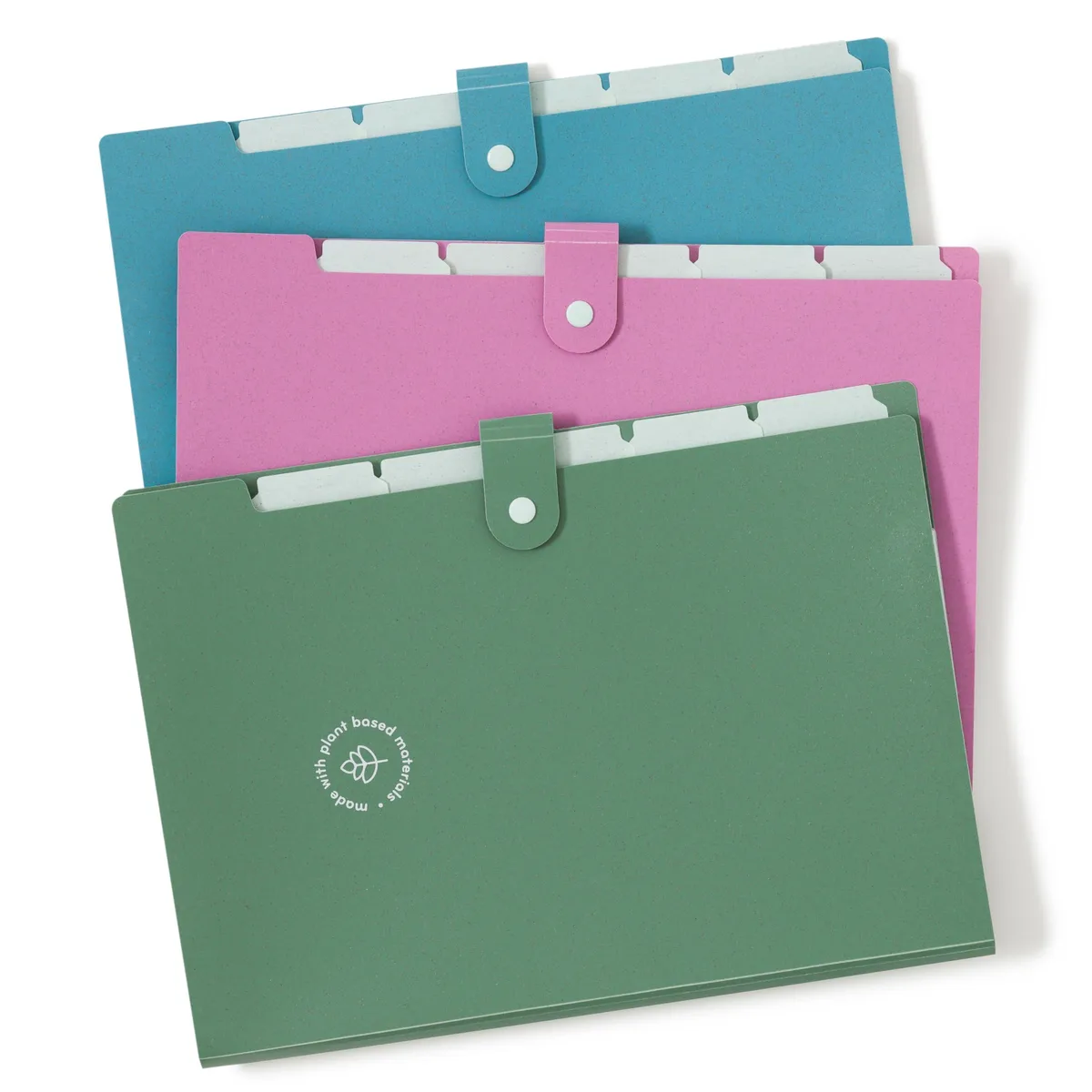 Three translucent poly wheat-straw expandable folders in green, fuchsia and blue, snap-button closure