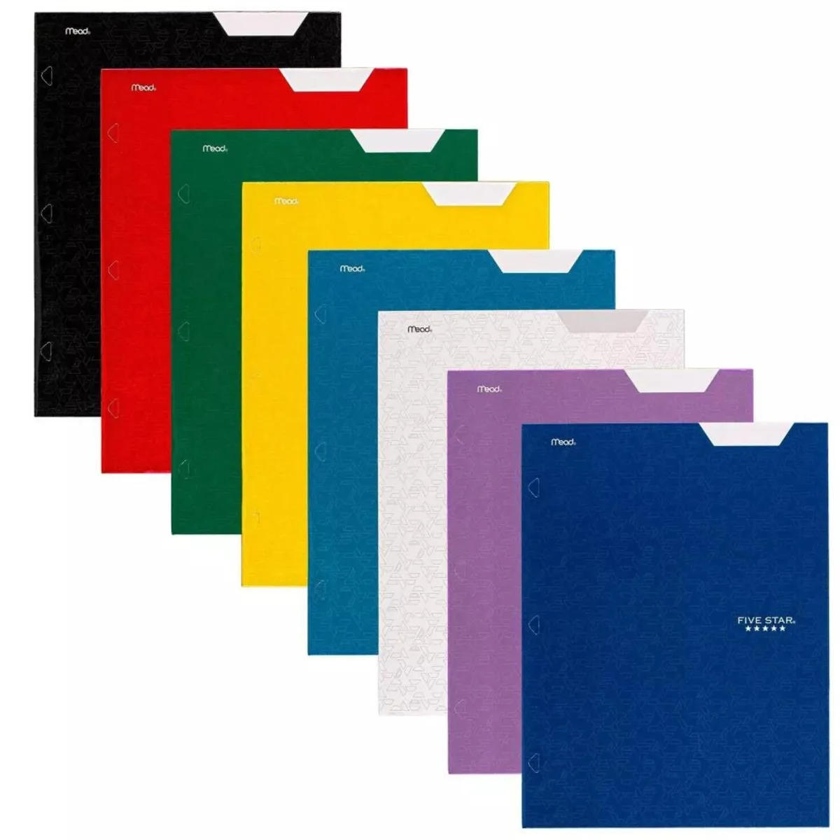 A4-size paper folder with geometric pattern, two pockets and three prongs