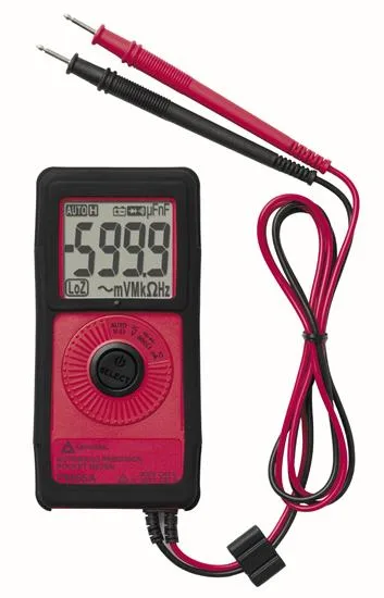 Small yellow and grey handheld digital multimeter with LCD display and selector dial