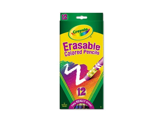 Crayola erasable coloured pencils, 12 assorted colours, 3.3 mm wood cases with built-in erasers