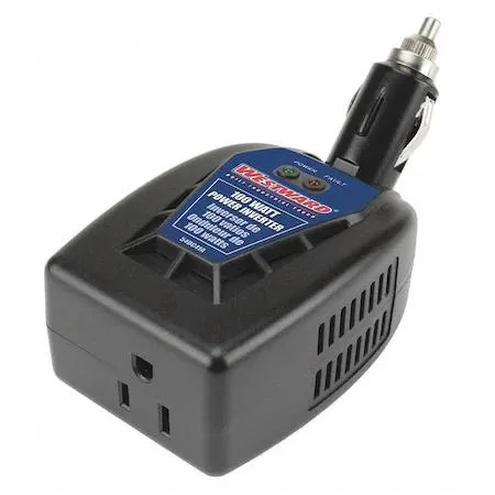 Compact black plastic inverter with a 12V cigarette lighter plug, one three-prong AC outlet and a USB port