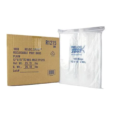 Clear polyethylene reclosable bag, 12 by 15 inches, flat pack of 1000