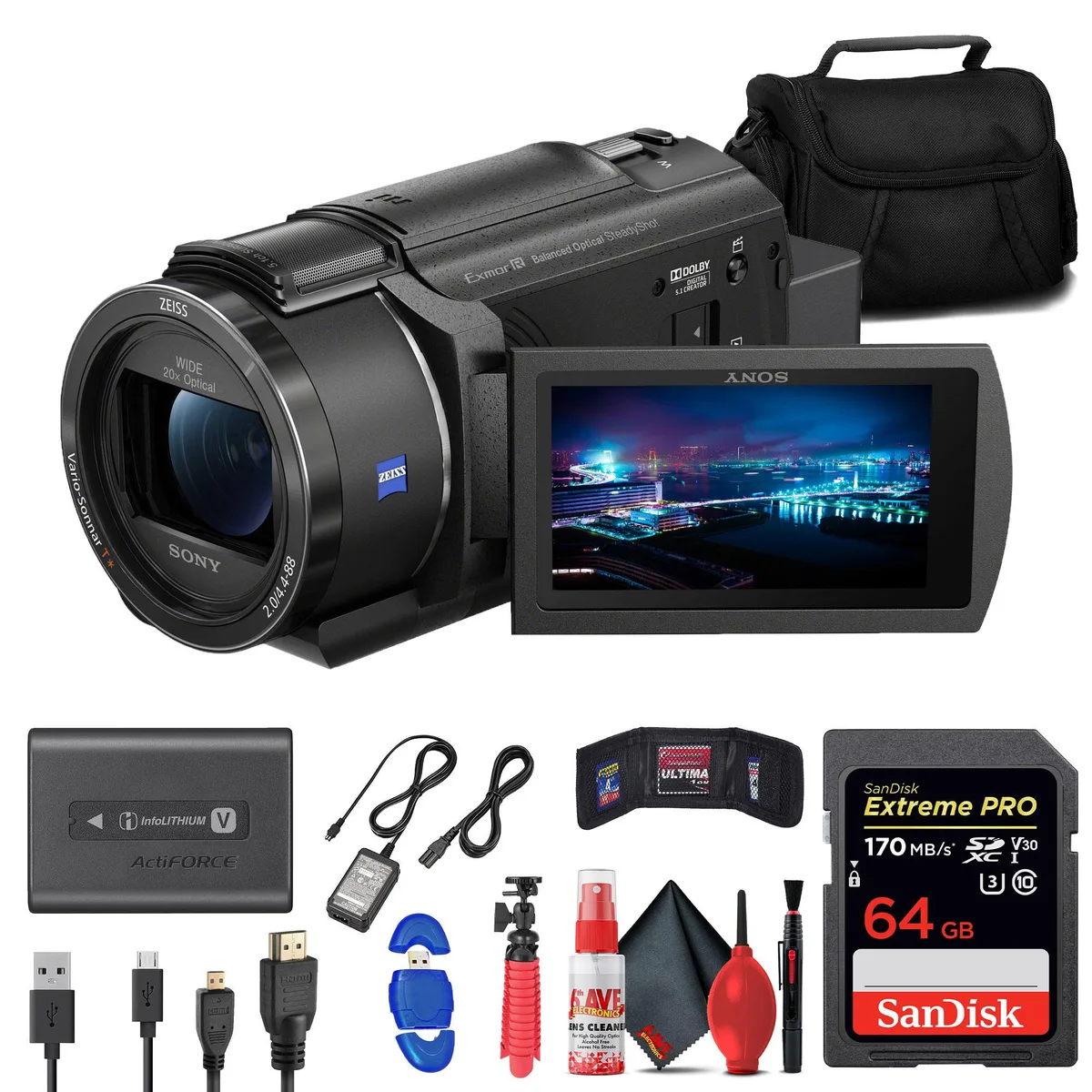 Sony Sony FDR-AX43 UHD 4K Handycam professional camcorder + 64GB Memory Card + Bag — product photo