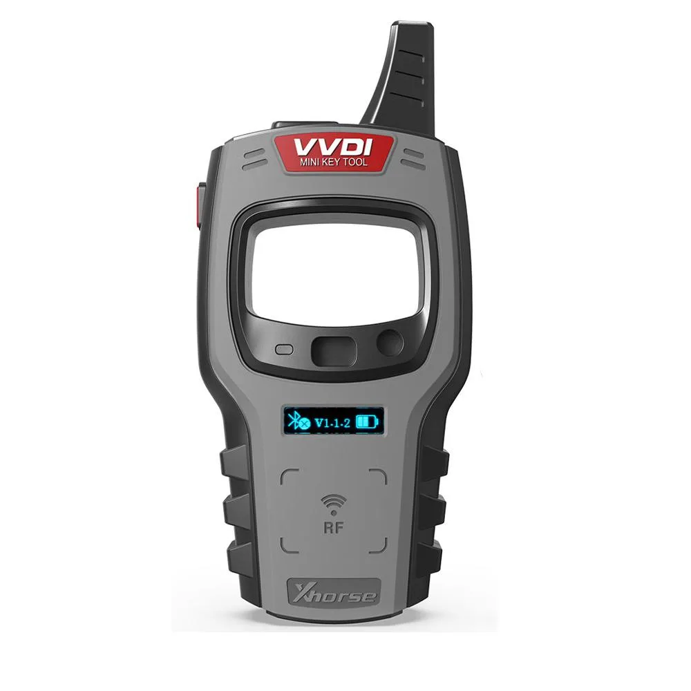 Compact rectangular key tool with matte dark finish and small display