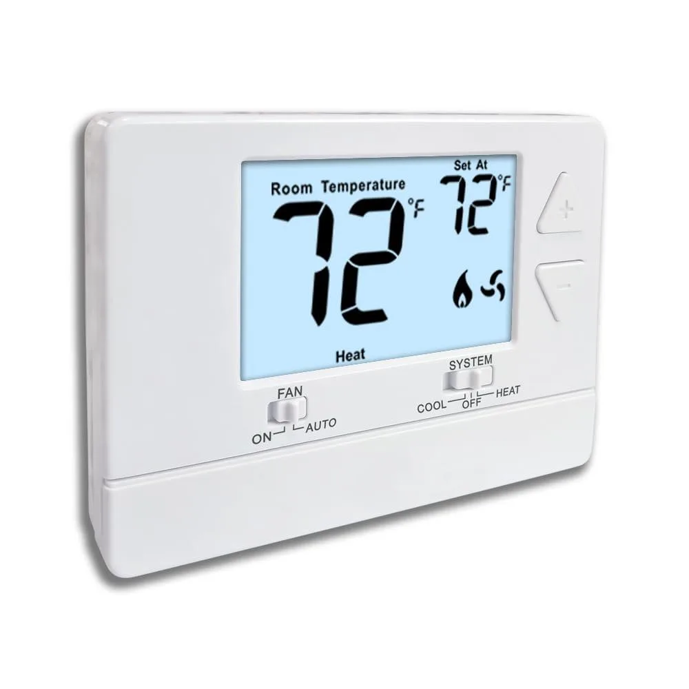 White rectangular wall thermostat with backlit LCD display and push buttons