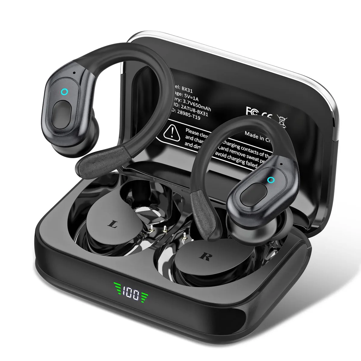 Black wireless earbuds with charging case and ear hooks