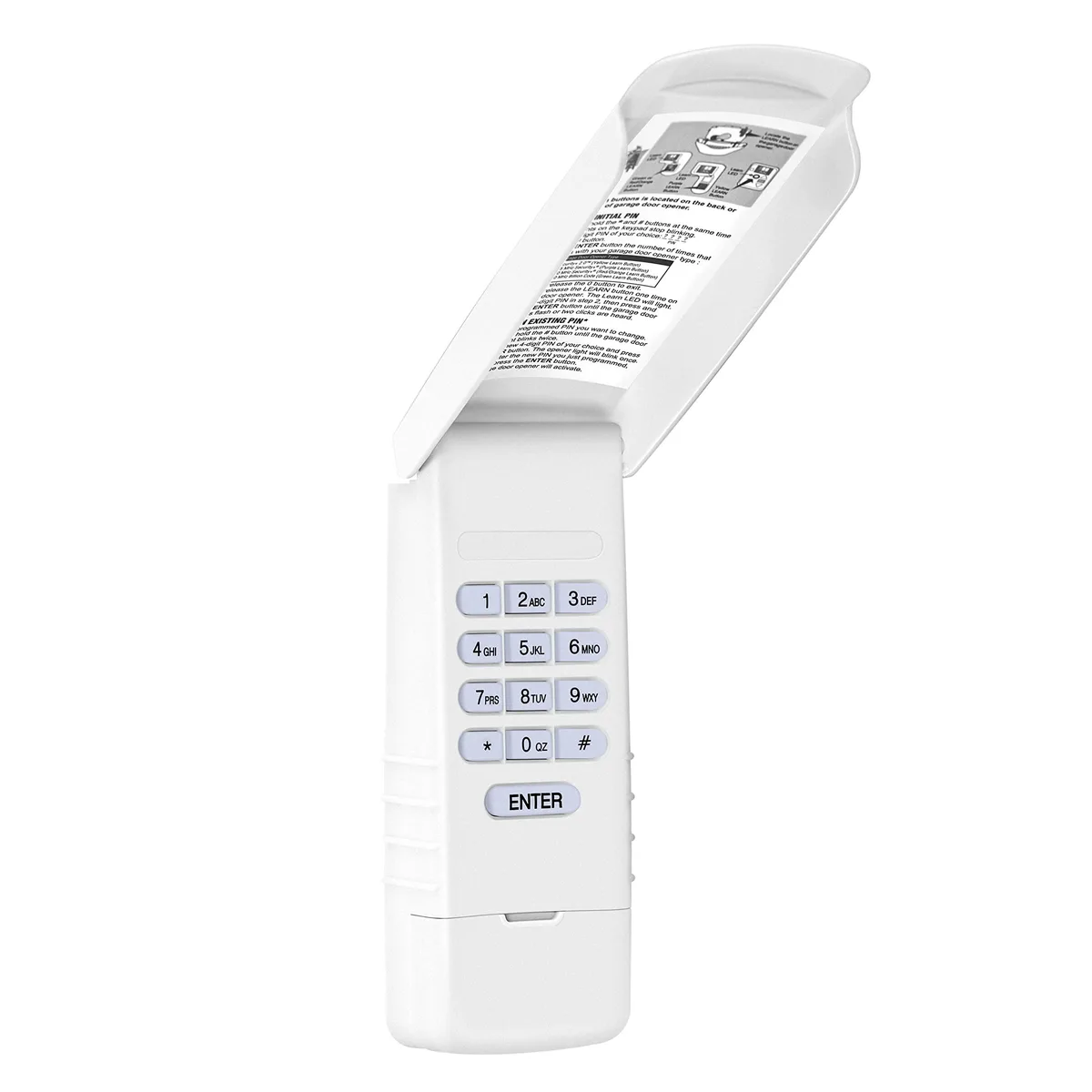 Rectangular wireless garage door keypad with flip-up protective cover and backlit buttons