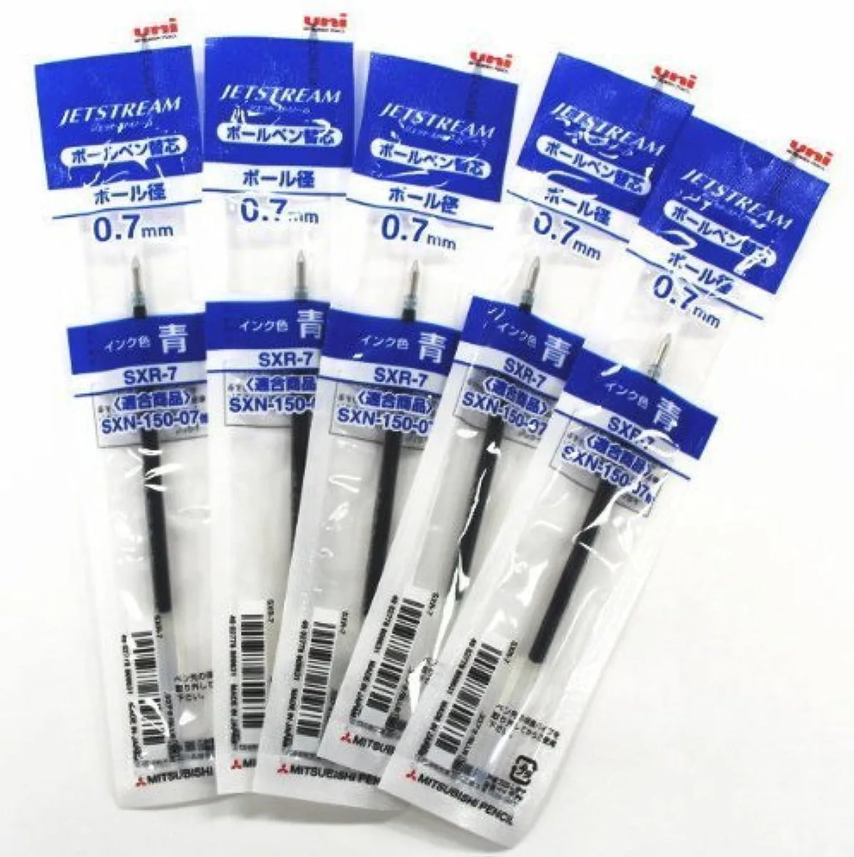 Five blue rollerball pen refills in clear packaging