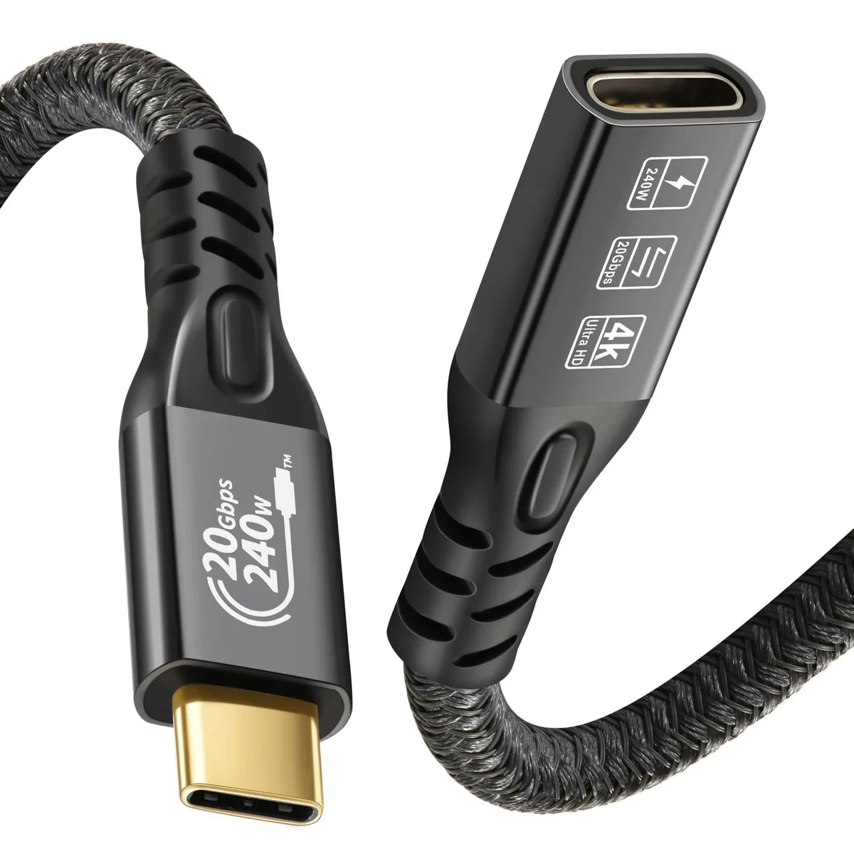 Short black USB-C male-to-female extension cable with aluminum connectors