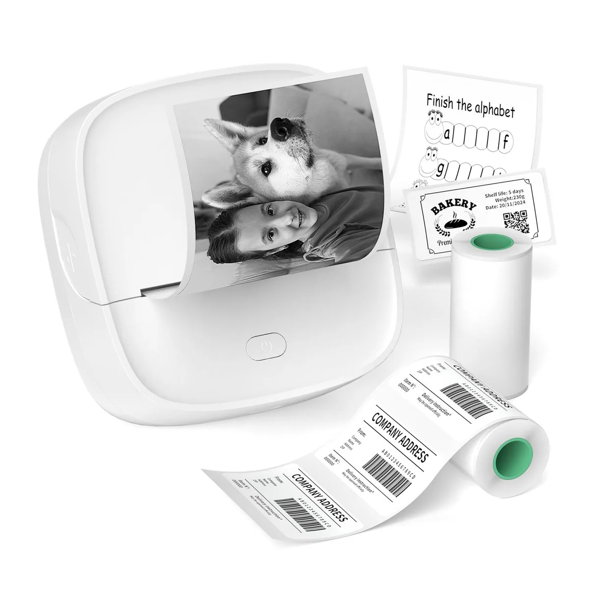 Compact white rectangular thermal label printer, pocket sized with rounded edges