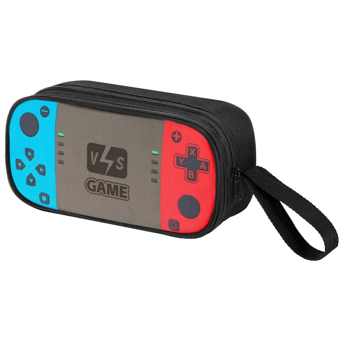 Black rectangular pencil case with game-themed print, two zippered compartments, Oxford cloth fabric