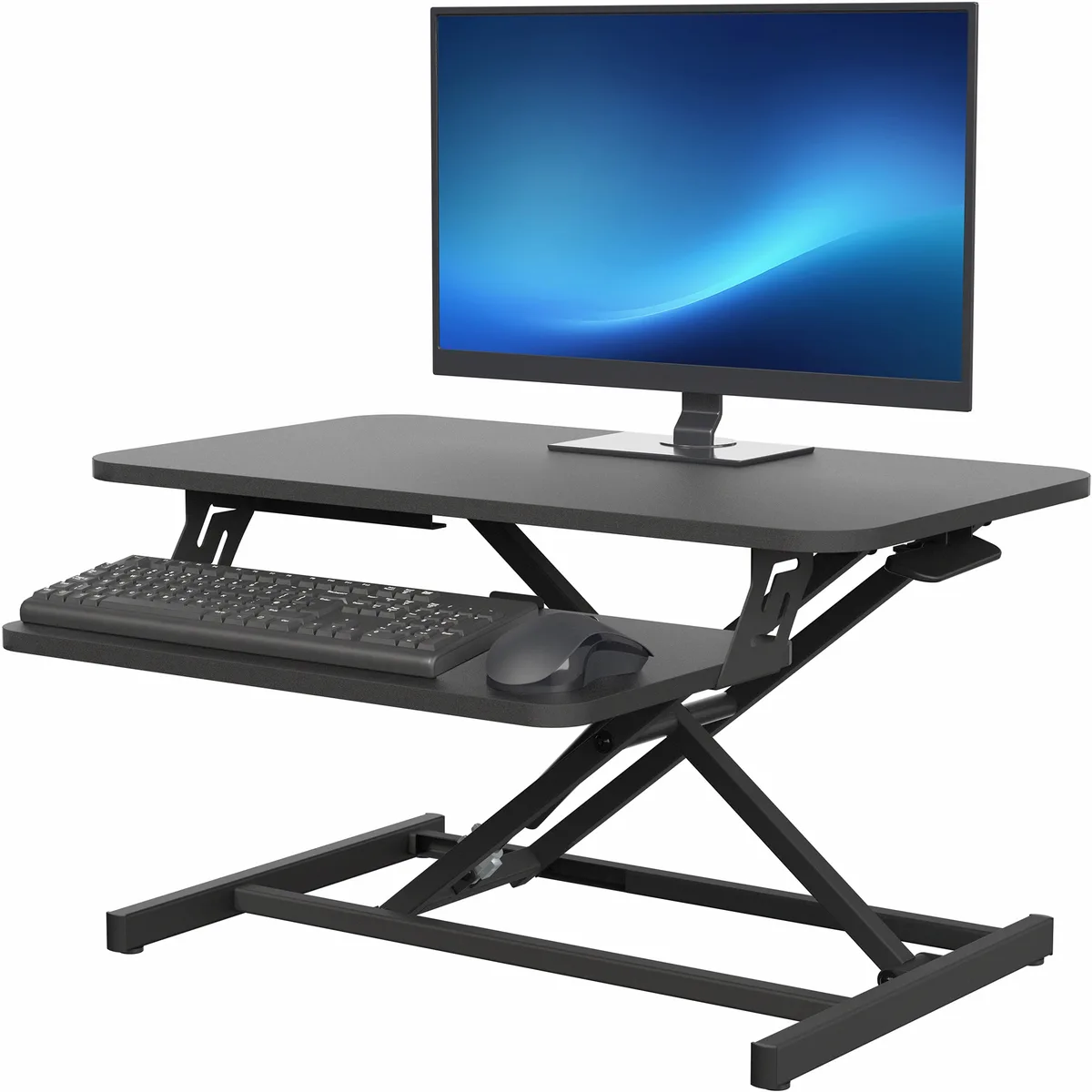 Black desktop riser with two tiers, steel frame, pneumatic lift handle, keyboard tray below monitor surface