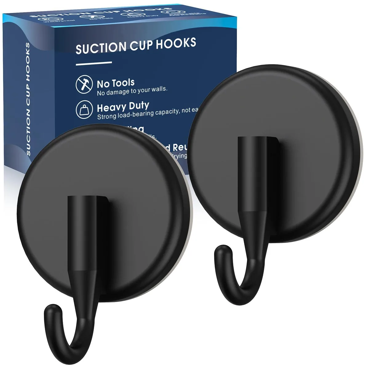 Two black plastic suction cup hooks with transparent bases