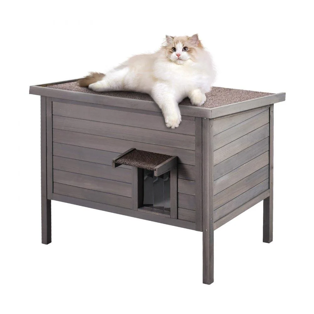 VEVOR VEVOR Outdoor Cat House Wooden Feral Cat Shelter Roof PVC Door Flaps Gray 34x22x27in — product photo