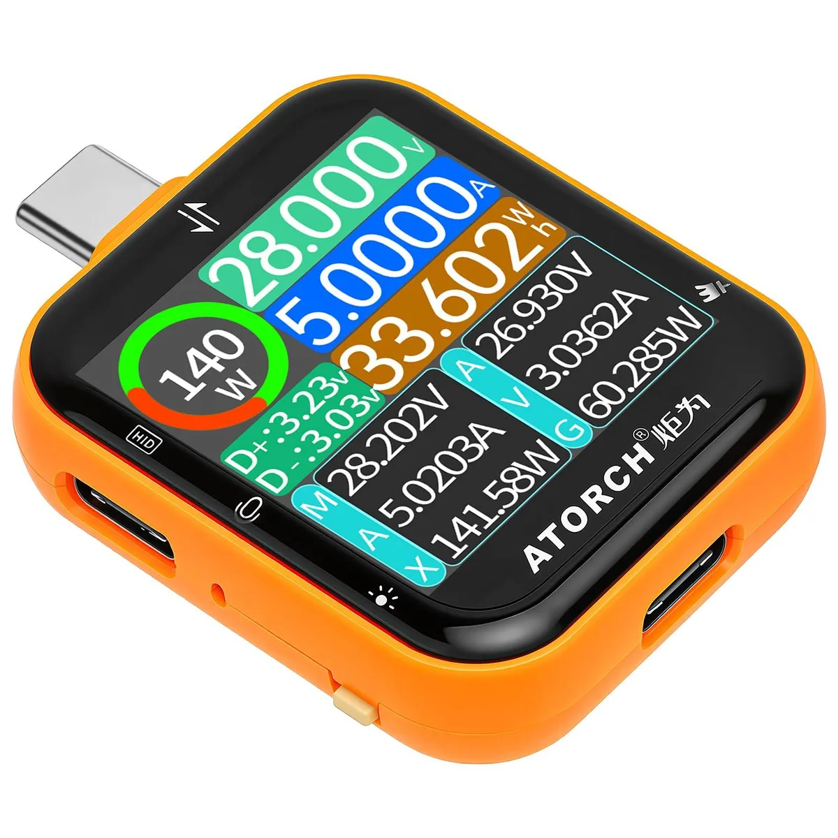 Yellow rectangular USB-C tester with 2.5D touch screen and Bluetooth