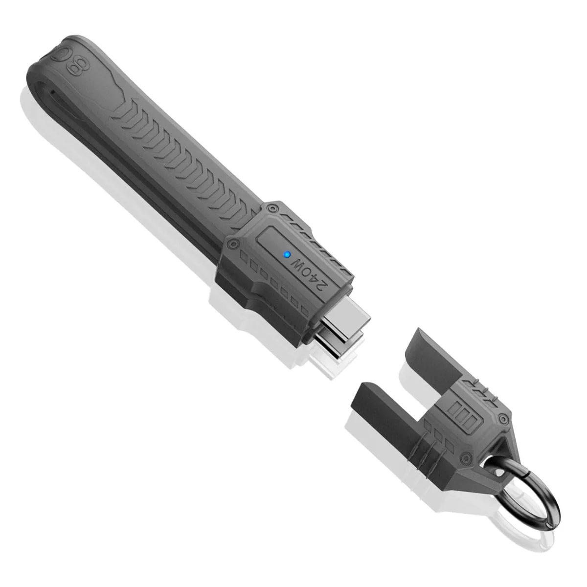 Short grey USB-C to USB-C cable with snap-together keychain loop, 13 cm