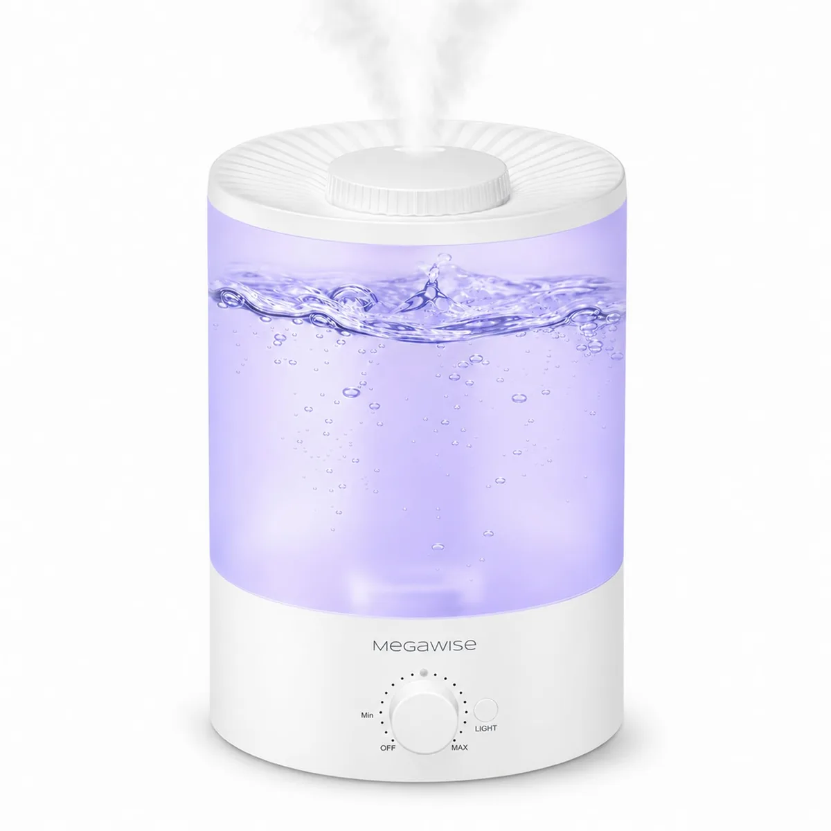 White plastic ultrasonic humidifier with top-fill tank and 360° rotating nozzle