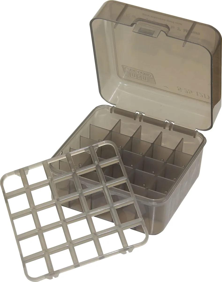Clear smoke polypropylene shotshell box with flip top and mechanical hinge, holds 25 rounds