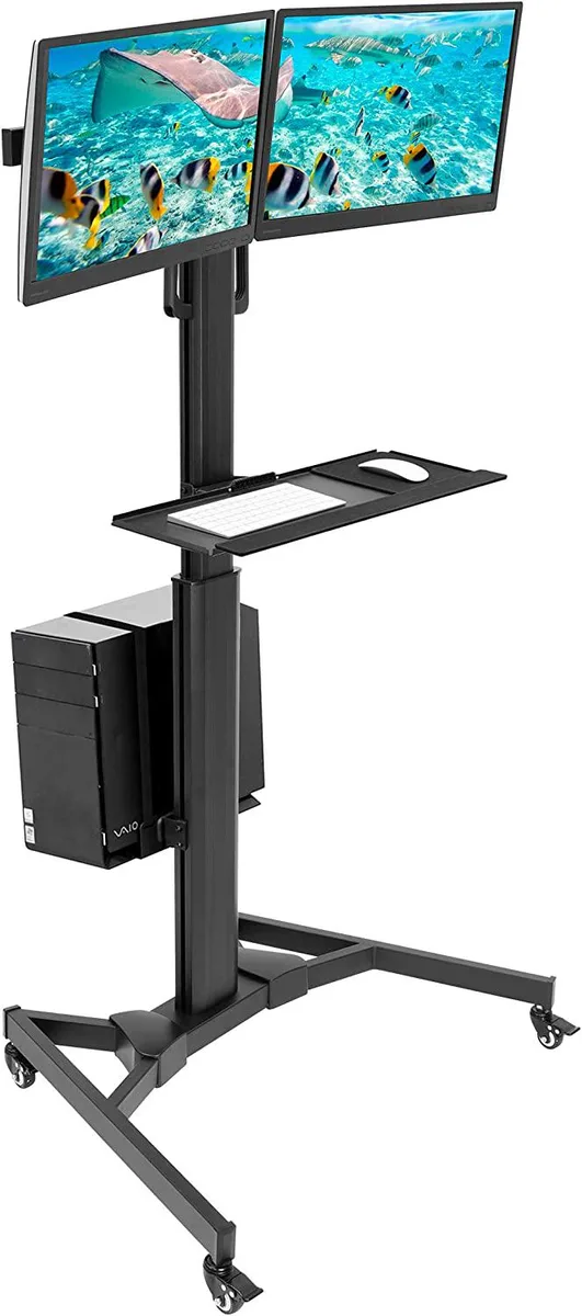 BFKK BFKK Adjustable Mobile PC Workstation Dual Monitor Cart with Keyboard Tray CPU Holder — product photo
