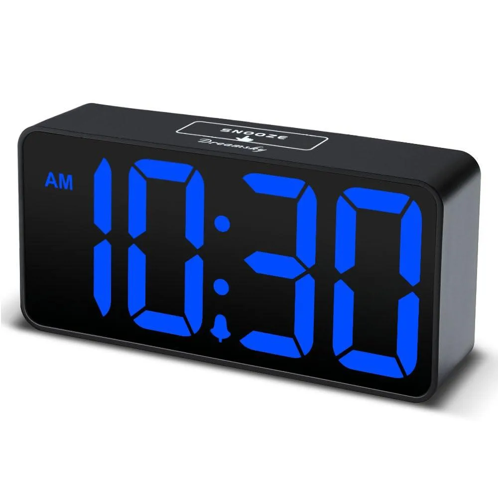 Compact black digital alarm clock with large blue LED digits