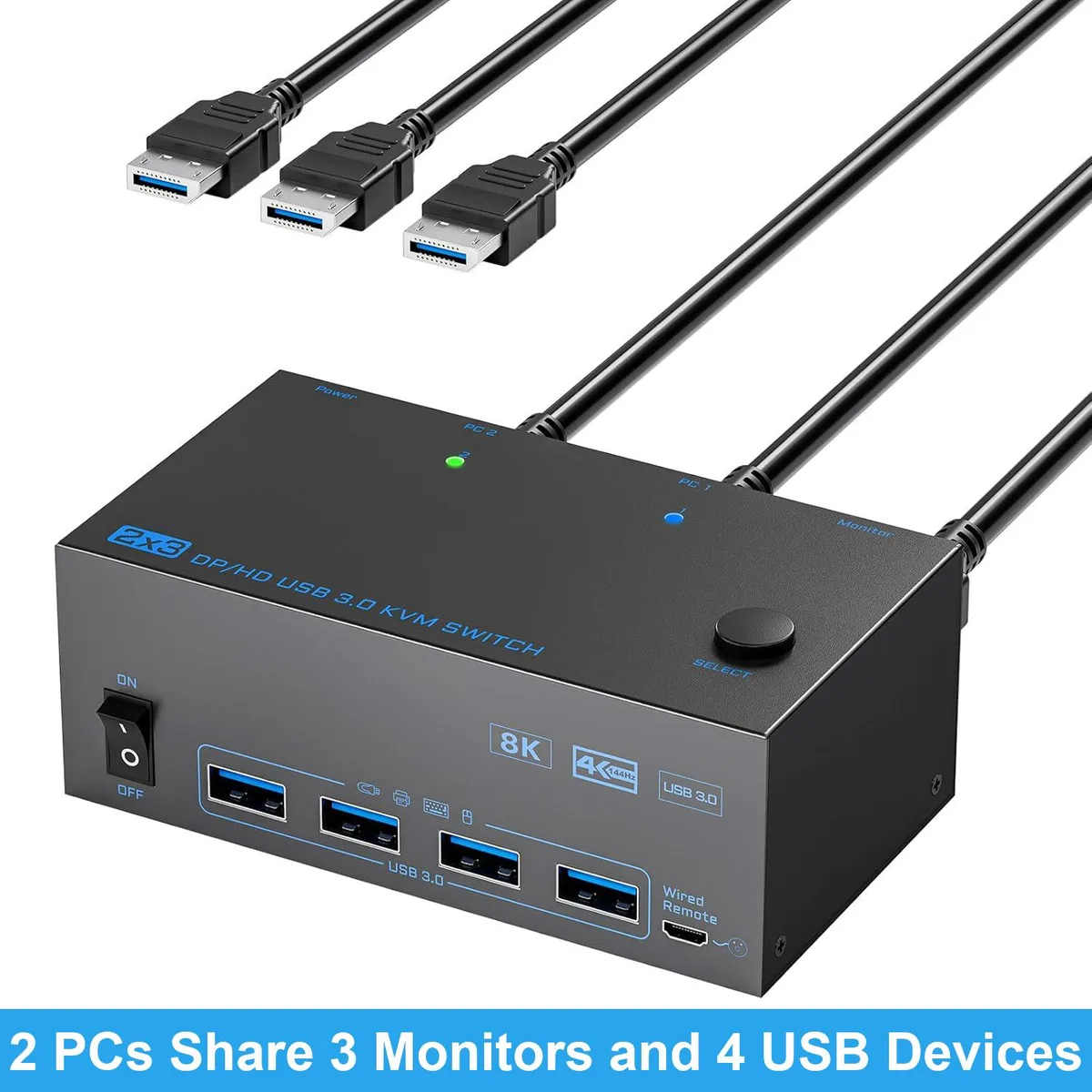 IHDAPP IHDAPP Triple Monitor HDMI + 2 DisplayPort KVM Switch 8K 60Hz 4K 144Hz 4 USB 3.0 — product photo