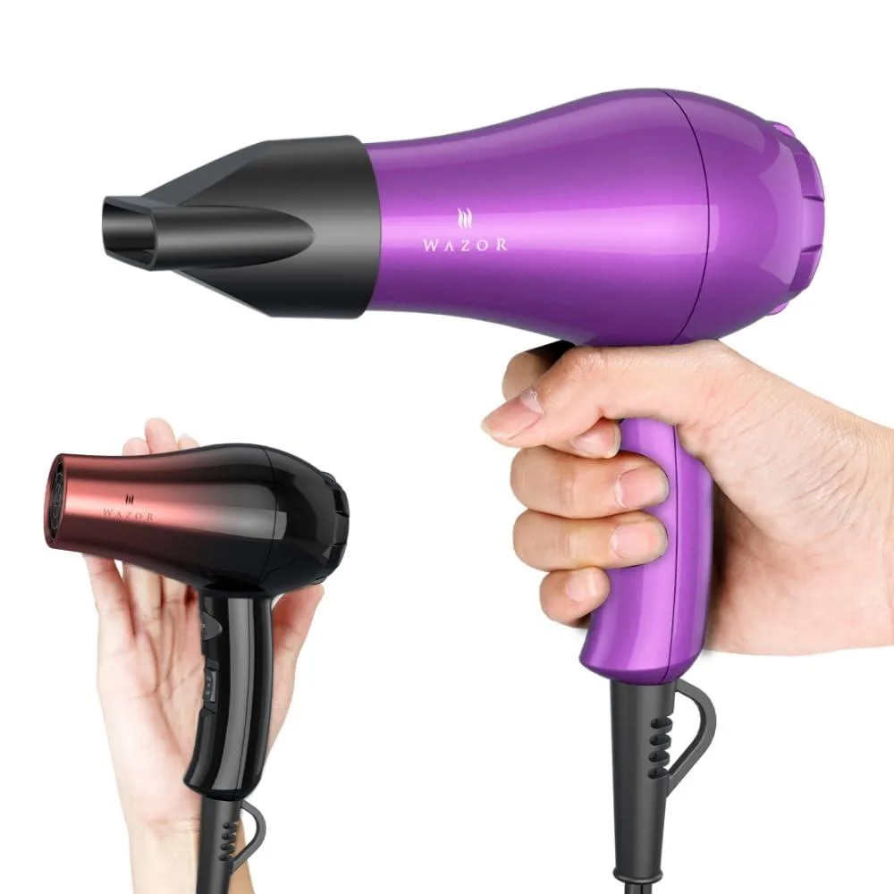Compact black hair dryer with concentrator nozzle and cool-shot button