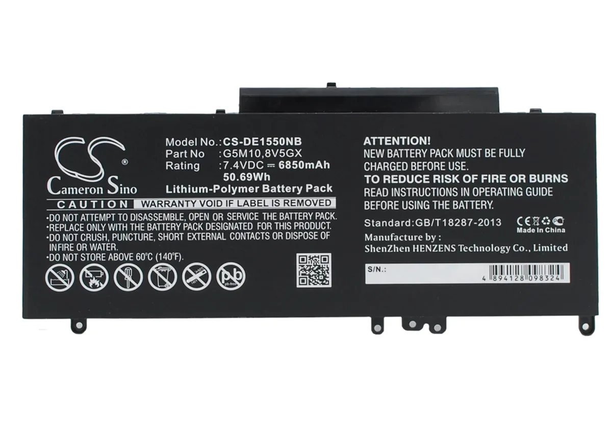 Rectangular black laptop battery with label and connector
