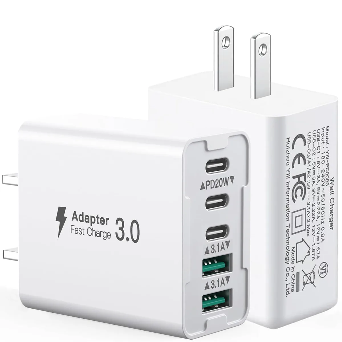 Two white rectangular wall chargers each with three USB C and two USB A ports
