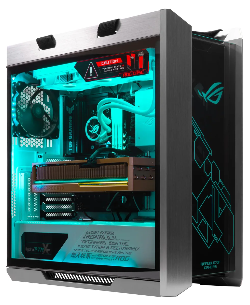 ASUS ASUS ROG Strix Helios GX601 White Dhahab Ryzen 7 9800X3D RTX 5080 64GB DDR5 2TB NVMe 2TB HDD 1000W gaming PC — product photo