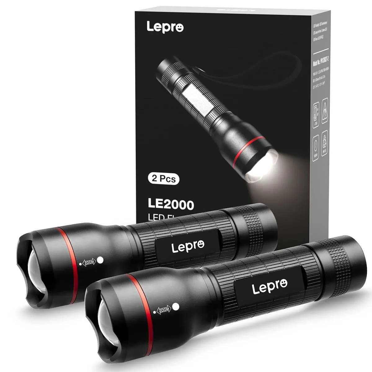 Two black plastic zoomable flashlights, pocket size, IPX4 waterproof, AAA powered
