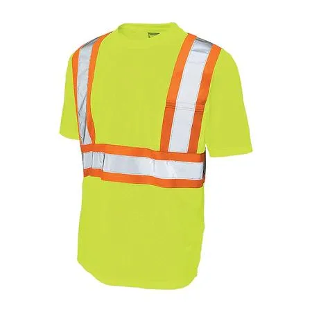 High-visibility green-yellow polyester short-sleeve T-shirt with chest pocket