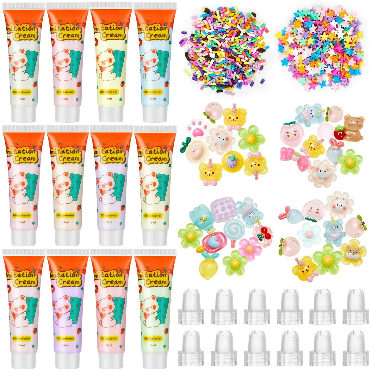 Twelve 15ml whipped cream glue tubes with piping tips and colorful charm decorations