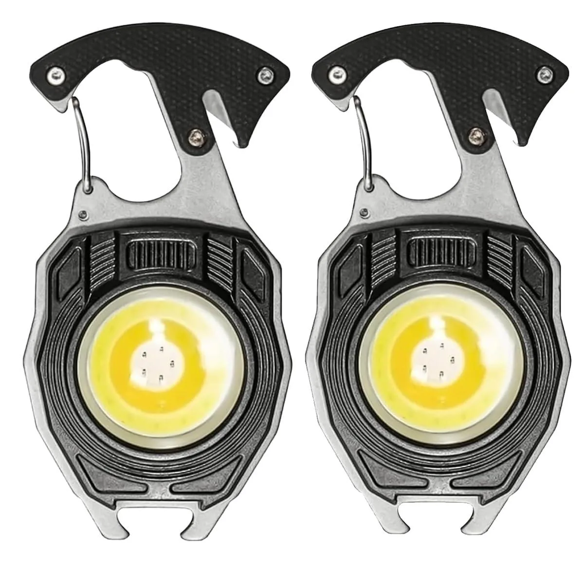 Two small black rectangular keychain lights with magnetic bases and fold-out brackets