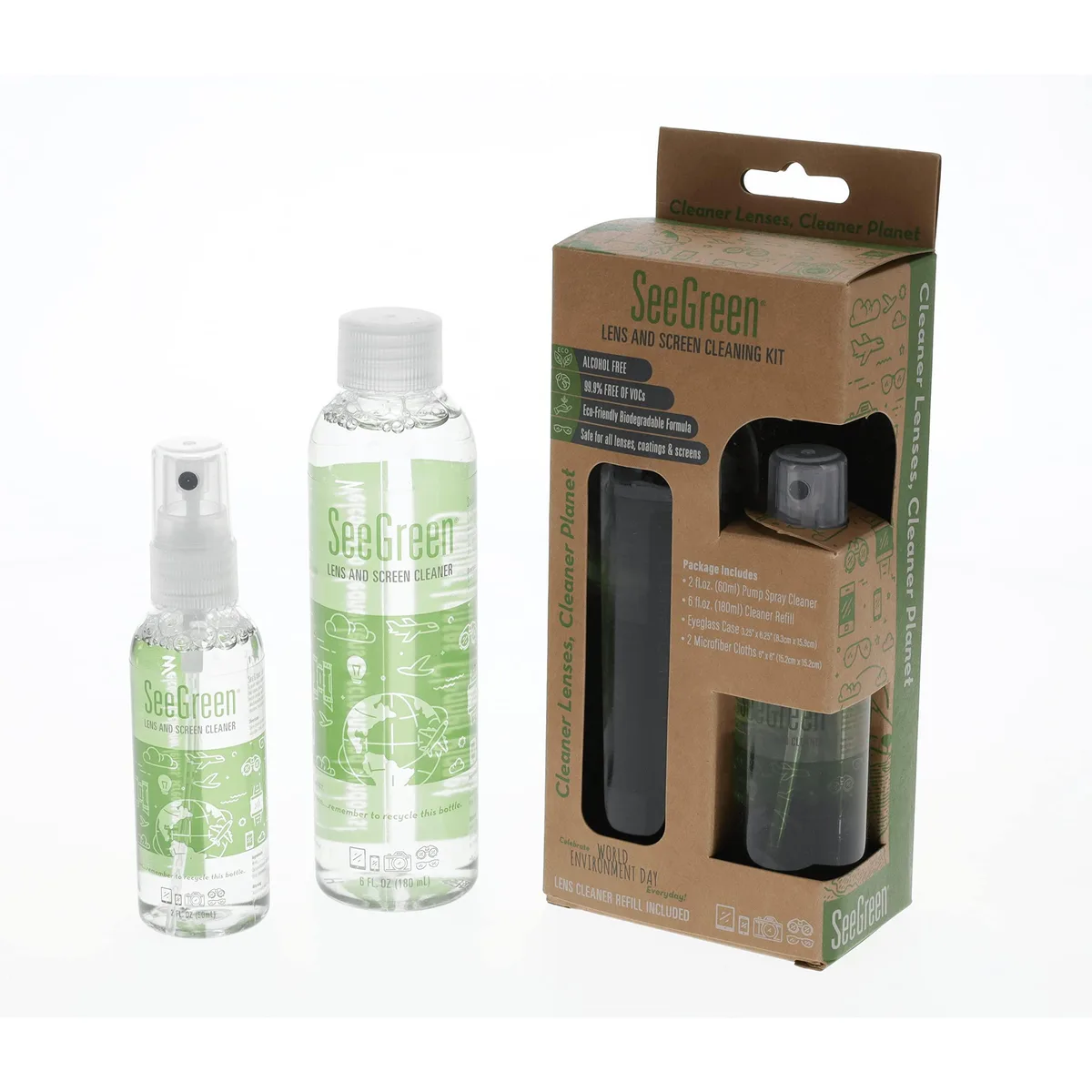 SeeGreen Lens and Screen Cleaning Kit 8oz Care Kit with 2oz Spray 6oz Refill 2 Microfiber Cloths Slipcase — product photo