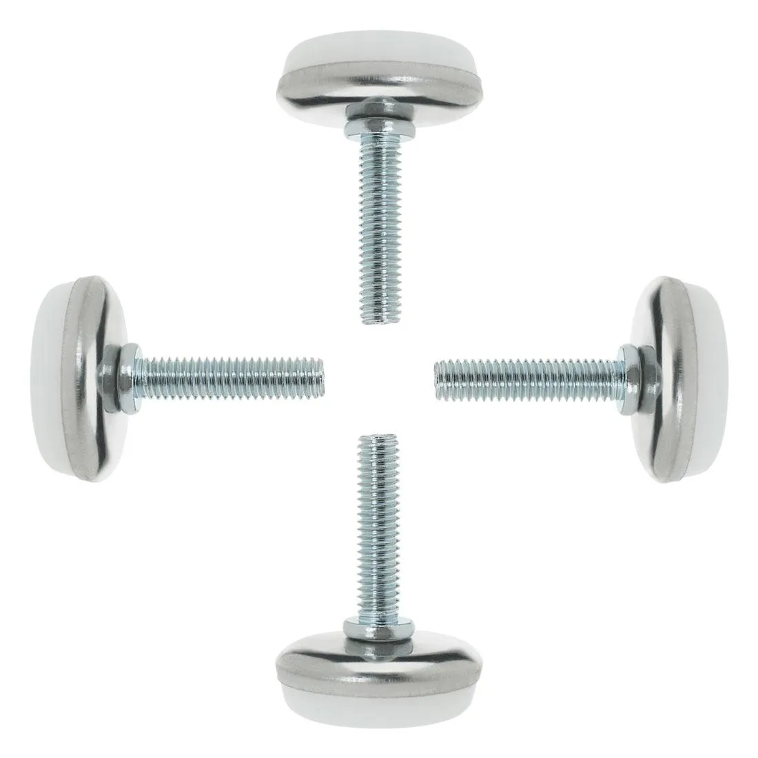 Four adjustable leveling feet with threaded stems and plastic bases