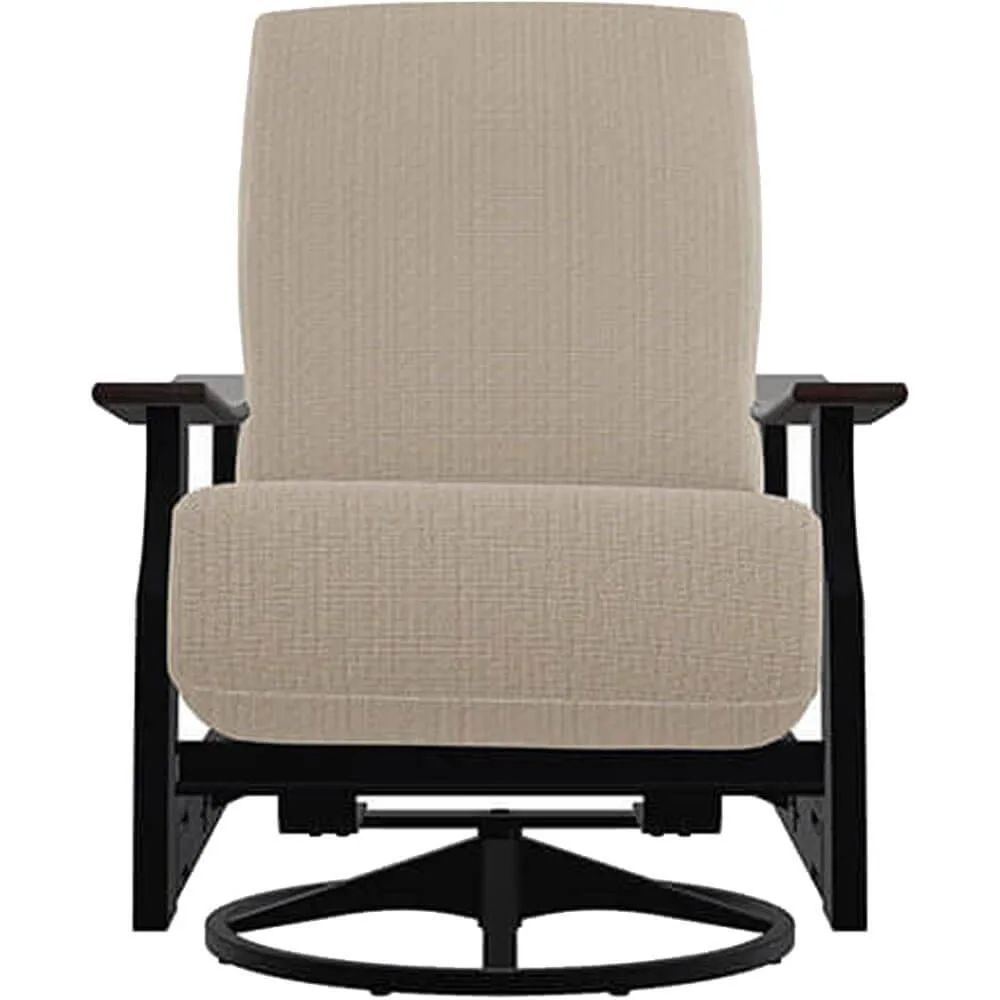 Wide-armed outdoor swivel rocker in textured powdercoated aluminium and marine-grade polymer
