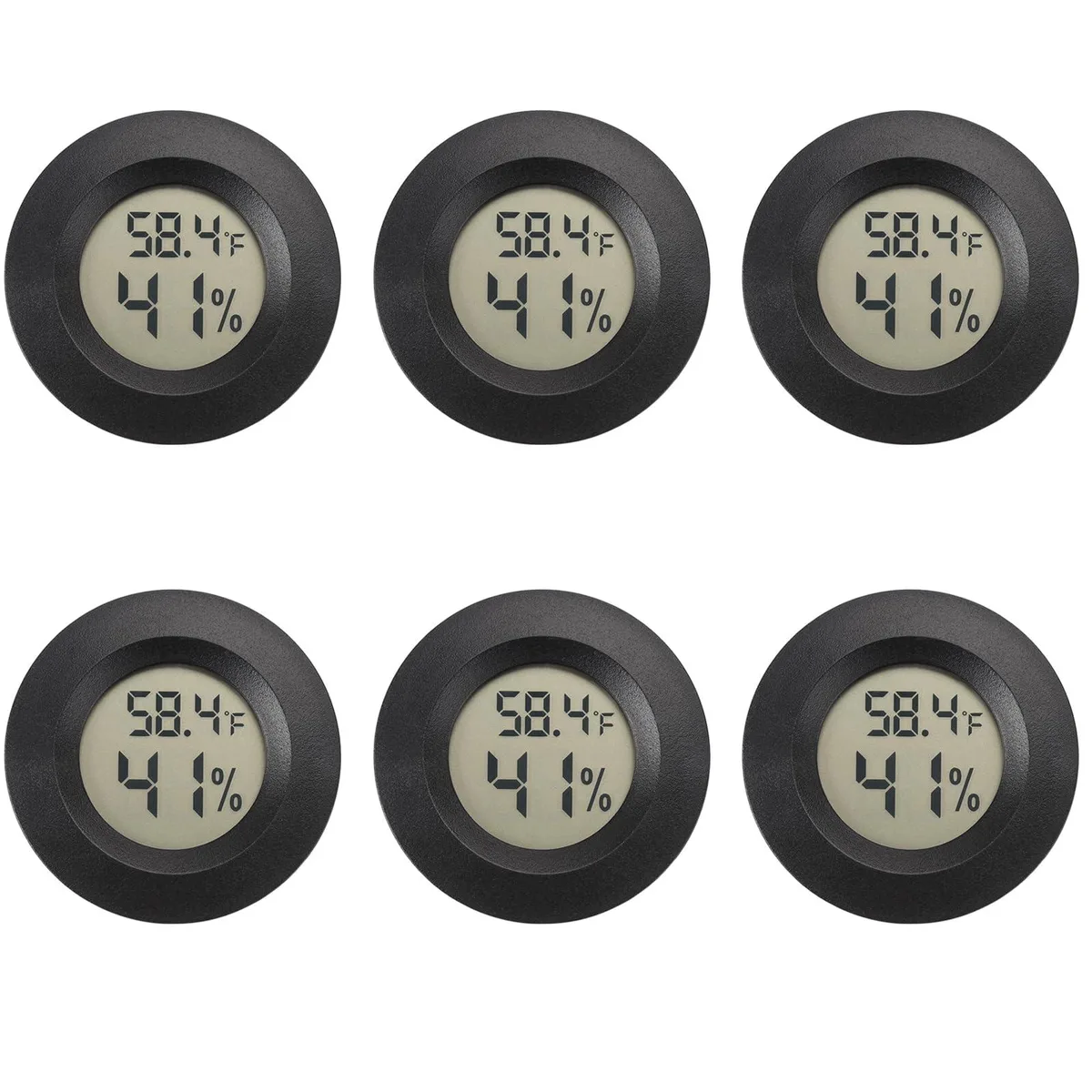 Six small black digital thermometer hygrometers with LCD screens