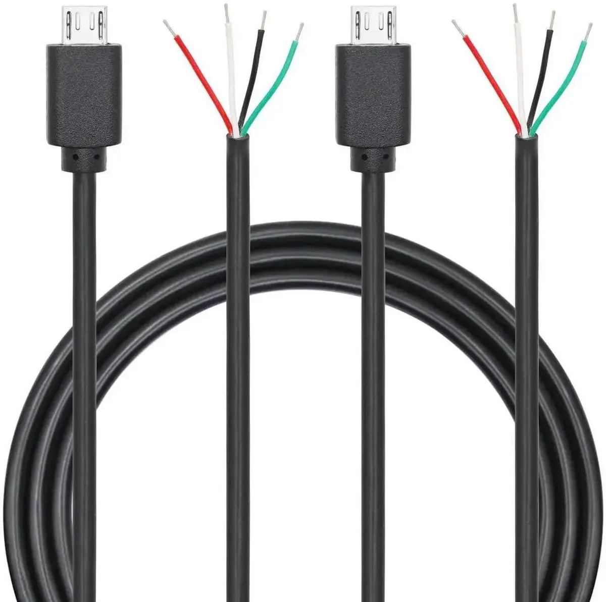 Two black Micro USB cables with bare wire ends