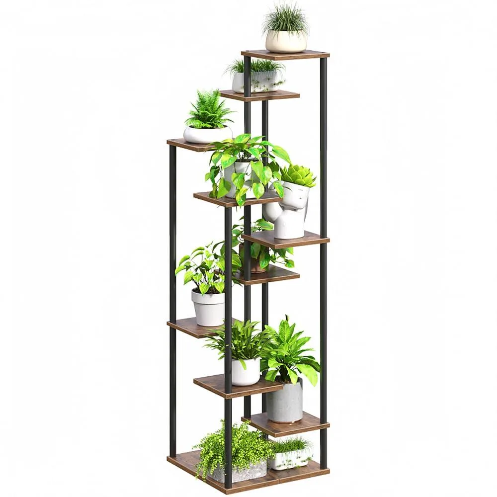 Tall rustic-brown tiered plant stand on black metal frame with rotating base