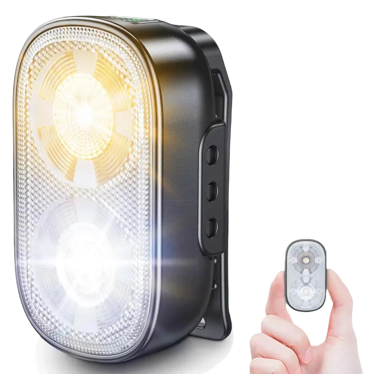 Small rectangular clip-on flashlight, matte plastic body, metal clip, charging port visible