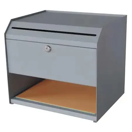 Gray steel suggestion box with top slot sitting on table