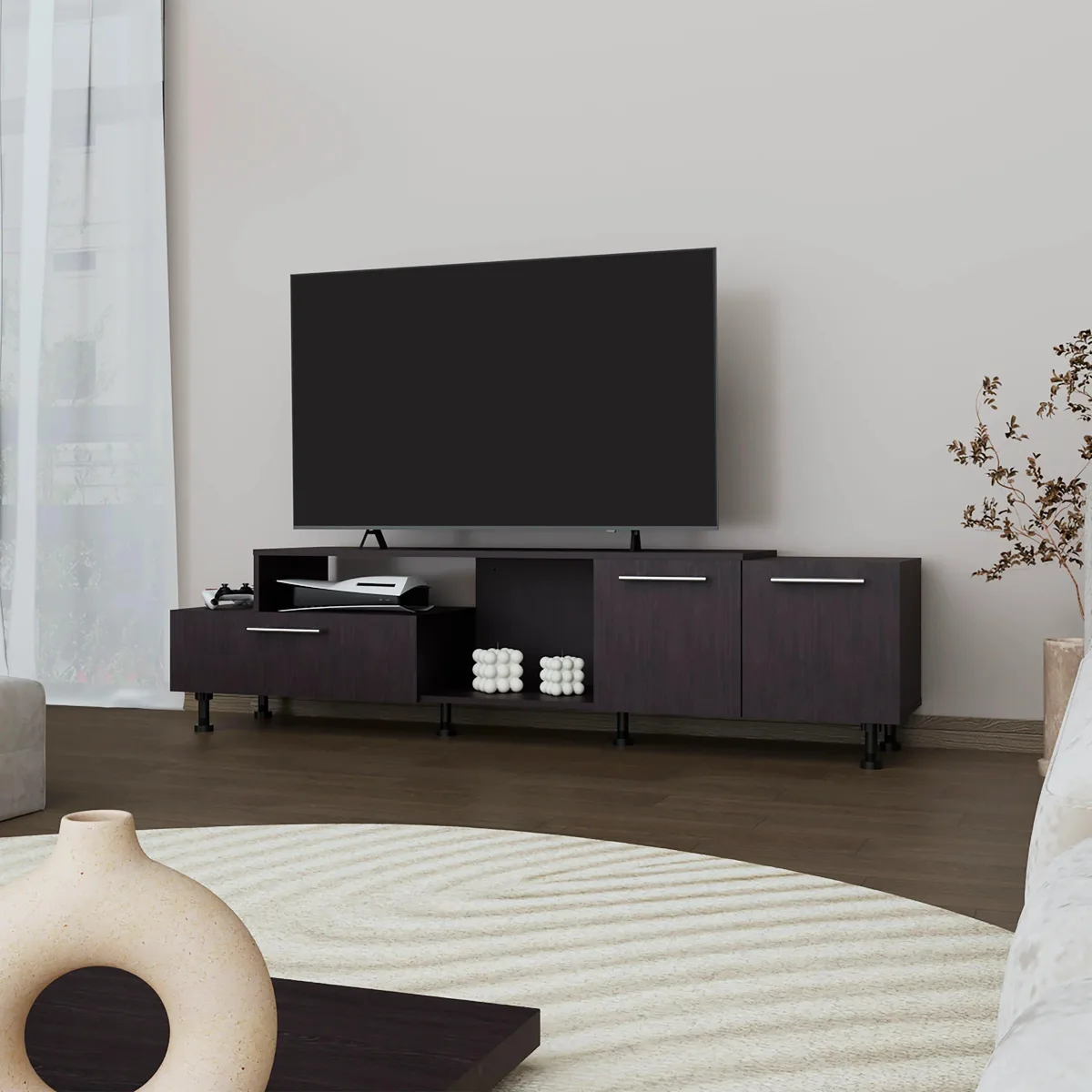 Wenge-finish TV stand with open shelves and two side cabinets