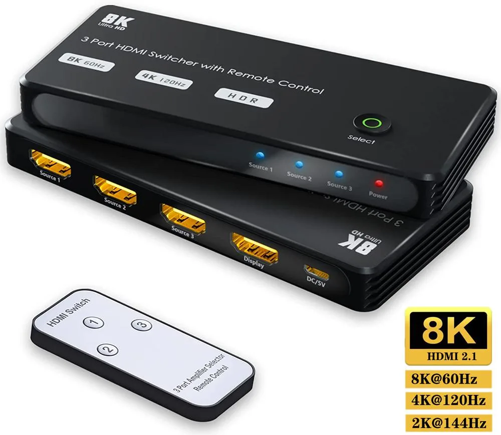 Jansicotek Jansicotek HDMI 2.1 Video Switch 3×In 1×Out 48Gbps 8K@60Hz 4K@120Hz IR Remote — product photo