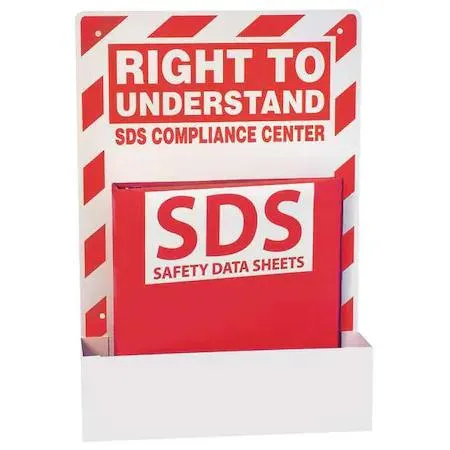 Transparent wall-mounted SDS station with red and white binder, 20 in high